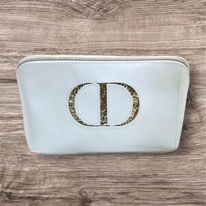 Cristian Dior Cosmetic Beauty Pouch Gold Sequin Zip Close Travel Toiletry Bag